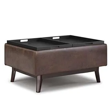 SIMPLIHOME Owen 34 inch Wide Mid Century Modern Rectangle Tray Top Small Coffee Table Storage Ottoman in Distressed Chestnut Brown Vegan Faux Leather, Assembled, for the Living Room, Entryway and Family Room