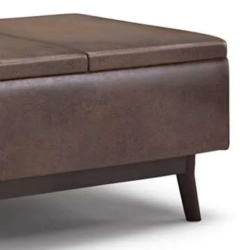SIMPLIHOME Owen 34 inch Wide Mid Century Modern Rectangle Tray Top Small Coffee Table Storage Ottoman in Distressed Chestnut Brown Vegan Faux Leather, Assembled, for the Living Room, Entryway and Family Room
