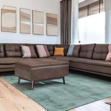 SIMPLIHOME Owen 34 inch Wide Mid Century Modern Rectangle Tray Top Small Coffee Table Storage Ottoman in Distressed Chestnut Brown Vegan Faux Leather, Assembled, for the Living Room, Entryway and Family Room