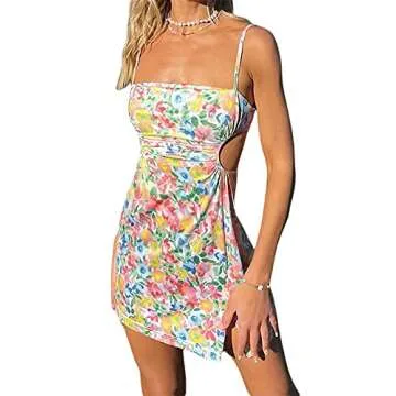 Women's Criss Cross Spaghetti Strap Bodycon Maxi Dress Sexy Hollow Out Halter High Waist Evening Party Long Dresses # D Floral