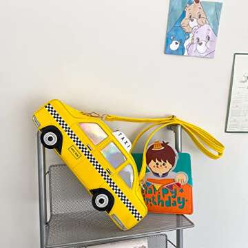 Oweisong Fun Purses for Women Novelty Car Taxi Shaped Crossbody Bag Ice Cream Bus Laser Holographic Shoulder Handbag for Girl