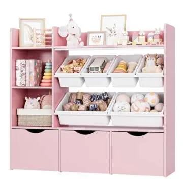 FACBOTALL Toy Storage Organizer with 3 Movable Drawers, Bookshelf and Bookcase with 6 Plastic Bins & 2 Storage Cubbies, Toy Chest with Hidden Wheels, Toy Storage Box for Playroom, School, Pink