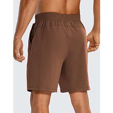 CRZ YOGA Men's Four-Way Stretch Workout Shorts - 7'' Soft Durable Casual Athletic Shorts with Pockets Gym Running Hiking Dark Brown Medium