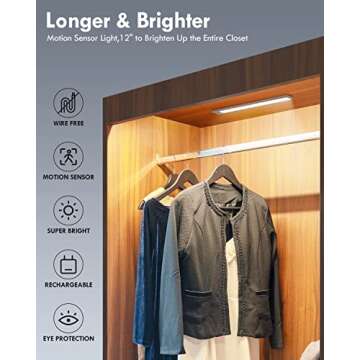BLS LED Closet Lights, 52LED Motion Sensor Light Indoor, Under Cabinet Lights Rechargeable USB-C Und...