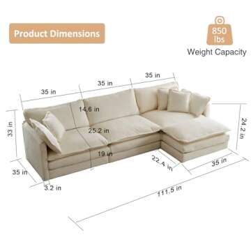 KIVENJAJA Chenille L-Shaped Modular Sectional Sofa, Modern 3-Seater Comfy Deep Seat Cloud Couch with...
