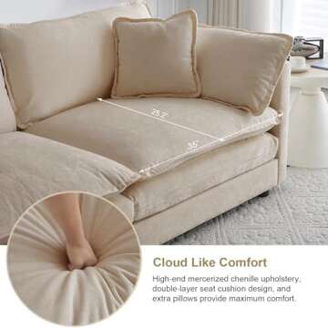 KIVENJAJA Chenille L-Shaped Modular Sectional Sofa, Modern 3-Seater Comfy Deep Seat Cloud Couch with Ottoman/Chaise & 5 Pillows for Living Room Office Apartment, 111.5”W, Light Camel