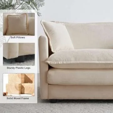 KIVENJAJA Chenille L-Shaped Modular Sectional Sofa, Modern 3-Seater Comfy Deep Seat Cloud Couch with Ottoman/Chaise & 5 Pillows for Living Room Office Apartment, 111.5”W, Light Camel