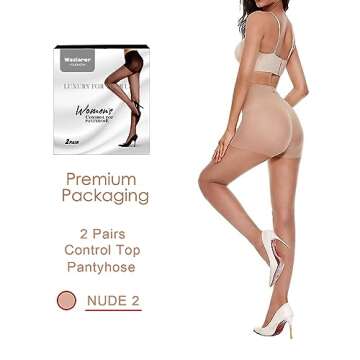 Weziarer 2 Pairs Women's Control Top Pantyhose - 20D Sheer Tights with Reinforced Toes (Nude,M)