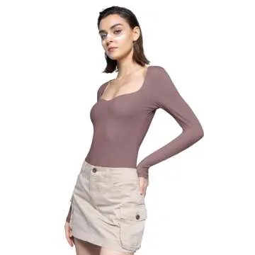 PUMIEY Bodysuits for Women Long Sleeve Sweetheart Neck Body Suits T Shirt Tops, Pimento Small