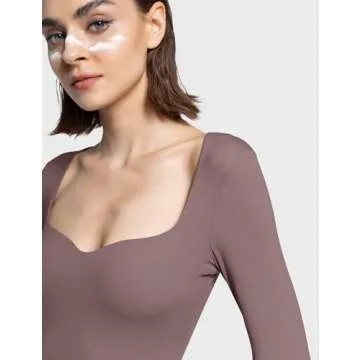 PUMIEY Bodysuits for Women Long Sleeve Sweetheart Neck Body Suits T Shirt Tops, Pimento Small