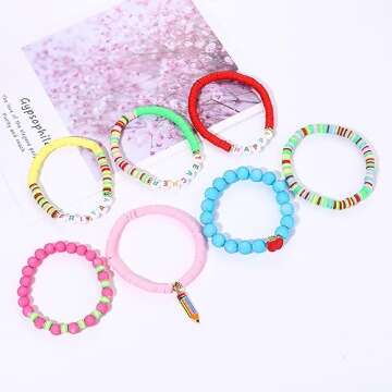 BSJELL 7 Pack Beaded Bracelet Stackable Teacher Pencil Beaded Stretch Bracelet Holiday Charm Bracele...