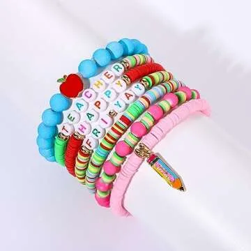 BSJELL 7 Pack Beaded Bracelet Stackable Teacher Pencil Beaded Stretch Bracelet Holiday Charm Bracelets Back to School Festive Jewelry Teacher Appreciation Gifts for Women (Teacher C)