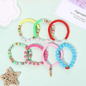 BSJELL 7 Pack Beaded Bracelet Stackable Teacher Pencil Beaded Stretch Bracelet Holiday Charm Bracelets Back to School Festive Jewelry Teacher Appreciation Gifts for Women (Teacher C)
