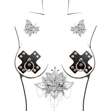 Neva Nude Pierced 'n Punked Black Leather Silver Metal Nipple Ring Reusable Burlesque X Nipztix Pasties Covers for Festivals, Raves, Lingerie, Medical Grade Adhesive, Waterproof, Sweatproof, USA Made