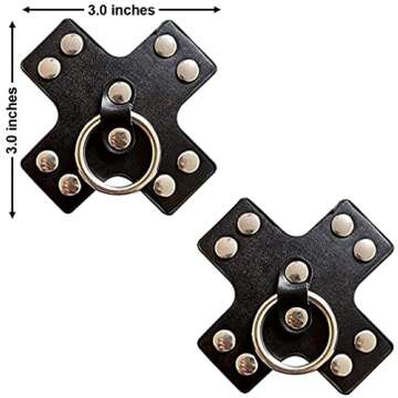 Neva Nude Pierced 'n Punked Black Leather Silver Metal Nipple Ring Reusable Burlesque X Nipztix Pasties Covers for Festivals, Raves, Lingerie, Medical Grade Adhesive, Waterproof, Sweatproof, USA Made