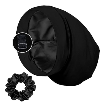 Satin Lined Sleep Cap and Scrunchie for Curly Hair and Braids, Stay On All Night Hair Wrap with Adju...