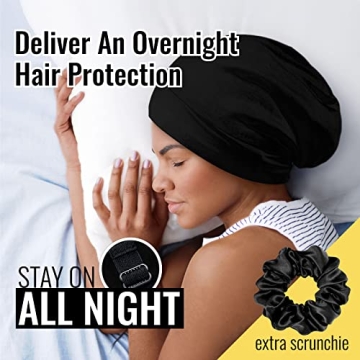 Satin Lined Sleep Cap for All Hair Types, Adjustable Strap