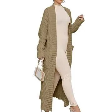 Caracilia Womens Long Cardigan Sweaters 2024 Fall Open Front Coat Long Sleeve Cable Knit Maxi Outerwear Trendy Jacket Clothes Khaki Large