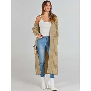Caracilia Womens Long Cardigan Sweaters 2024 Fall Open Front Coat Long Sleeve Cable Knit Maxi Outerwear Trendy Jacket Clothes Khaki Large
