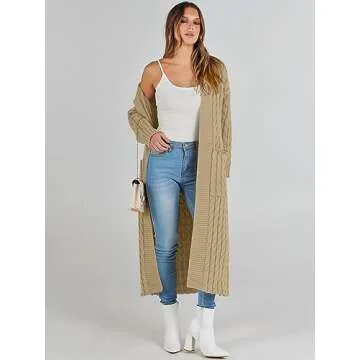 Caracilia Womens Long Cardigan Sweaters 2024 Fall Open Front Coat Long Sleeve Cable Knit Maxi Outerwear Trendy Jacket Clothes Khaki Large