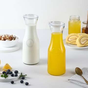 Set of 6 Glass Carafe with Lid, 1 Liter Beverage Serveware Carafe, Clear Glass Pitcher for Mimosa Bar, Brunch, Cold Water, Juice, Milk, Iced Tea, Lemonade