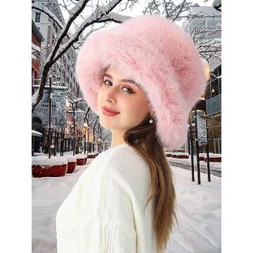 Rulala Fancy Women's Faux Fur Bucket Hats Fluffy Winter Warm Ladie's Unique Wide Brim Fisherman Cap(Pink)