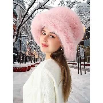 Rulala Fancy Women's Faux Fur Bucket Hats Fluffy Winter Warm Ladie's Unique Wide Brim Fisherman Cap(Pink)