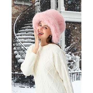 Rulala Fancy Women's Faux Fur Bucket Hats Fluffy Winter Warm Ladie's Unique Wide Brim Fisherman Cap(Pink)