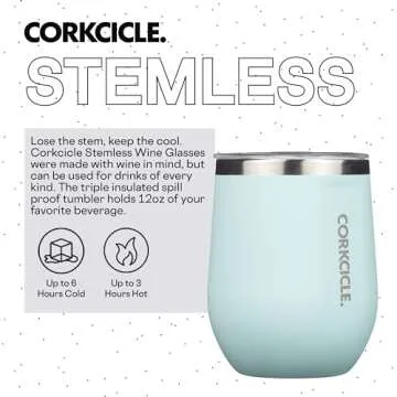 Corkcicle Stemless Insulated Wine Glass Tumbler, Gloss Powder Blue, 12 oz – Stainless Steel Stemle...