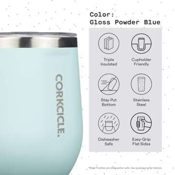 Corkcicle Stemless Insulated Wine Glass Tumbler, Gloss Powder Blue, 12 oz – Stainless Steel Stemless Wine Glass Keeps Beverages Cold for 6 Hours, Hot for 3 Hours – Non-Slip, Easy-Grip