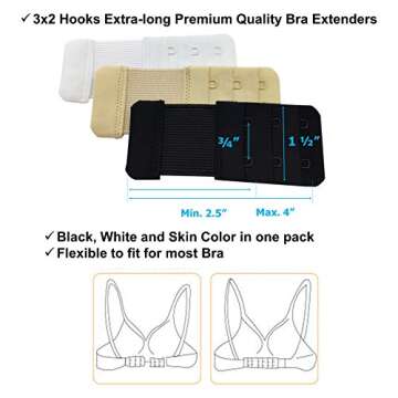 Longline Back Bras Extenders for Sport Nursing Maternity or Pregnancy Women to Get Bra Extended, Adjustable 2 Hooks Black White and Skin Color Bra Strap Extender, Pack of 3