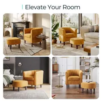 LINSY Velvet Accent Chair, Barrel Chair with Ottoman, Modern Comfy Reading Chair Armchair for Living Room Study Room Office, Yellow