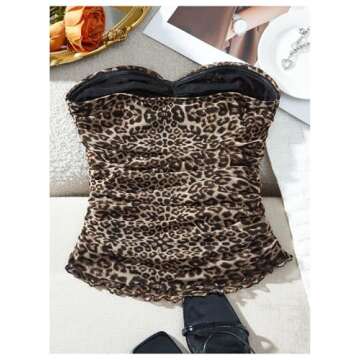SHENHE Women's Leopard Print Mesh Tube Twist Front Strapless Ruched Sexy Y2k Tube Tops Brown Medium