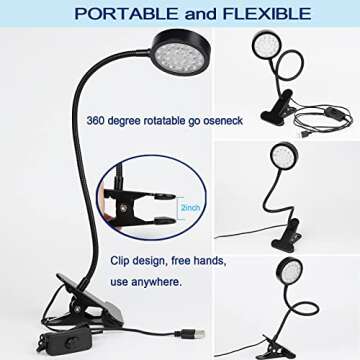 UV LED Black Light Clamp Light with USB - Versatile 5W Gooseneck Lamp for Art & Detection