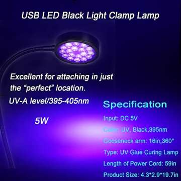 UV LED Black Light Clamp Light, Flexible Gooseneck Design