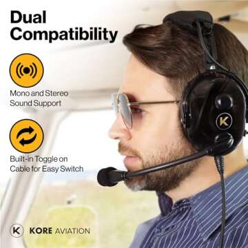 KA-1 General Aviation Headset - Pilot Headset with Mono and Stereo Compatibility - Passive Noise Reduction, Noise-Canceling Microphone, Gel Ear Seals, Adjustable Headband & Headset Bag