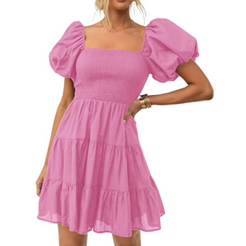 ZESICA Women's Boho Mini Dress with Puff Sleeves