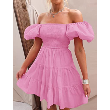 ZESICA Women's Boho Mini Dress with Puff Sleeves