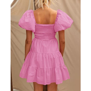 ZESICA Women's Boho Mini Dress with Puff Sleeves