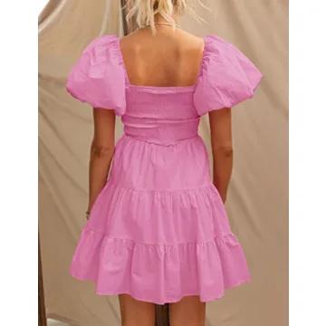 ZESICA Women's Boho Mini Dress with Puff Sleeves