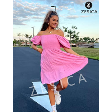 ZESICA Women's Boho Mini Dress with Puff Sleeves