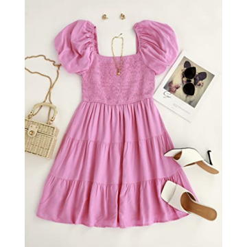 ZESICA Women's Boho Mini Dress with Puff Sleeves