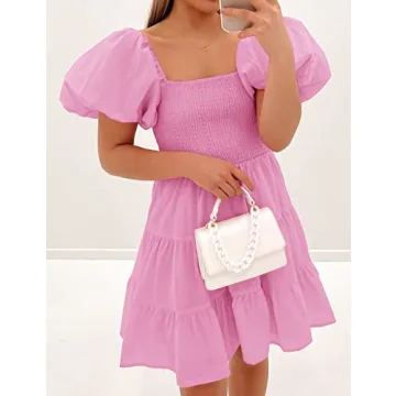 ZESICA Women's Boho Mini Dress with Puff Sleeves