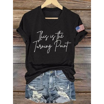 Women's This is The Turning Point Printed T-Shirt V-Neck Freedom Vintage Retro Print Shirt A True Pa...