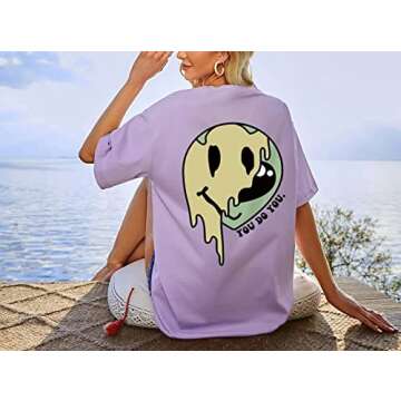 MISSACTIVER Women Oversized Graphic Print Tee Shirt Loose Short Sleeve Round Neck Drop Shoulder Tee Top Pullover Purple
