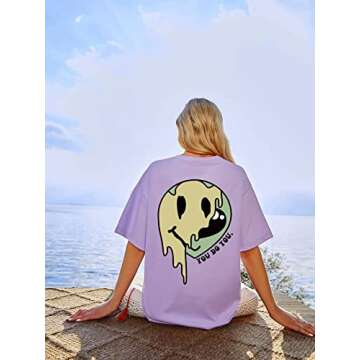 MISSACTIVER Women Oversized Graphic Print Tee Shirt Loose Short Sleeve Round Neck Drop Shoulder Tee Top Pullover Purple