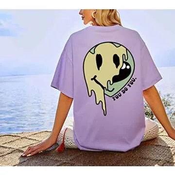 MISSACTIVER Women Oversized Graphic Print Tee Shirt Loose Short Sleeve Round Neck Drop Shoulder Tee Top Pullover Purple
