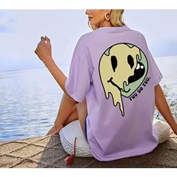 MISSACTIVER Women Oversized Graphic Print Tee Shirt Loose Short Sleeve Round Neck Drop Shoulder Tee Top Pullover Purple