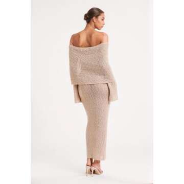 CUTEGAL Women's Off Shoulder Maxi Dress Long Sleeve Bodycon Knit Crochet Mesh Sweater Sexy Vacation Party Dresses Wrap Dress (Apricot,S,Small)