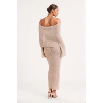 CUTEGAL Women's Off Shoulder Maxi Dress Long Sleeve Bodycon Knit Crochet Mesh Sweater Sexy Vacation Party Dresses Wrap Dress (Apricot,S,Small)